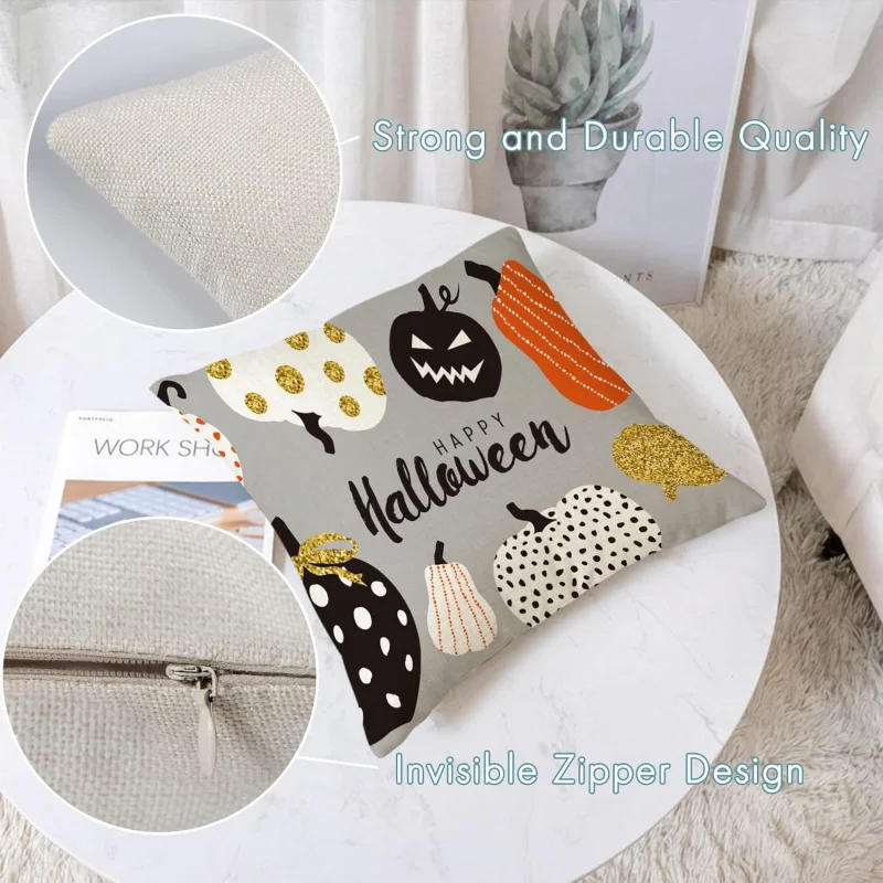 A set of 4 Halloween pillowcases, 20x20 inches pumpkin decoration pillowcase, black cushion cover, linen square, suitable for ho