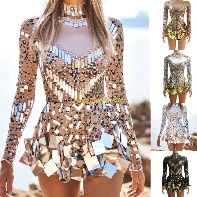 

DXAE Women Sparkly Sequins Mirror Long Sleeve Stretch Mini Dress Night Party Club Dancer Performances Celebrity Stage Outfit