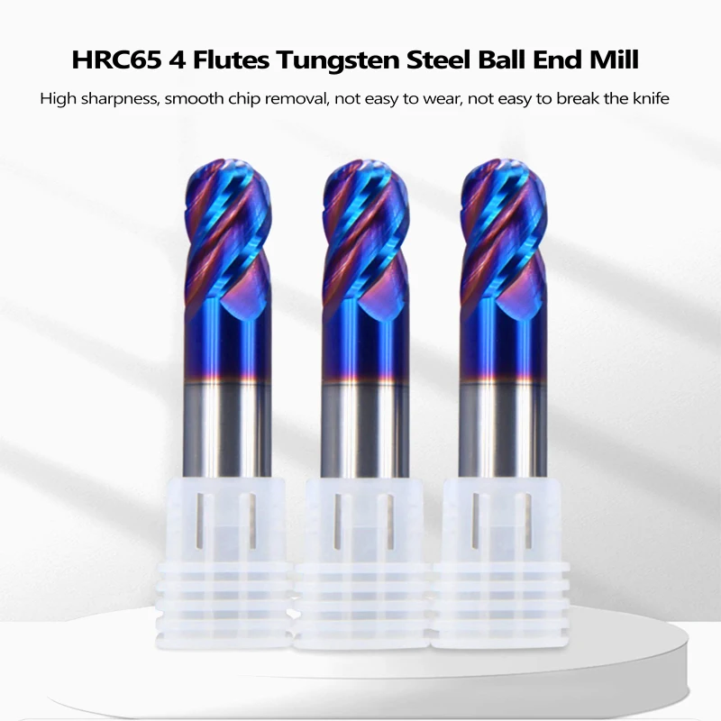 HRC65 4 Flute Ball End Mill Tungsten Carbide Cutter CNC Router Bit Milling Cutter Tool R0.5 6mm 8mm 10-20MM For Metal Steel