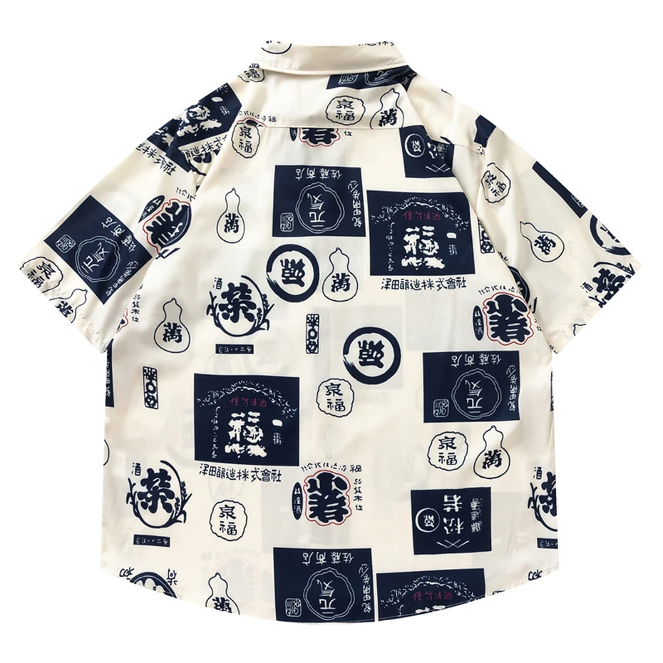 Mens Vintage Casual Shirts Streetwear Harajuku Ancient Writing Blouse Men Oversized Japan Style Short Sleeve Shirt Unisex