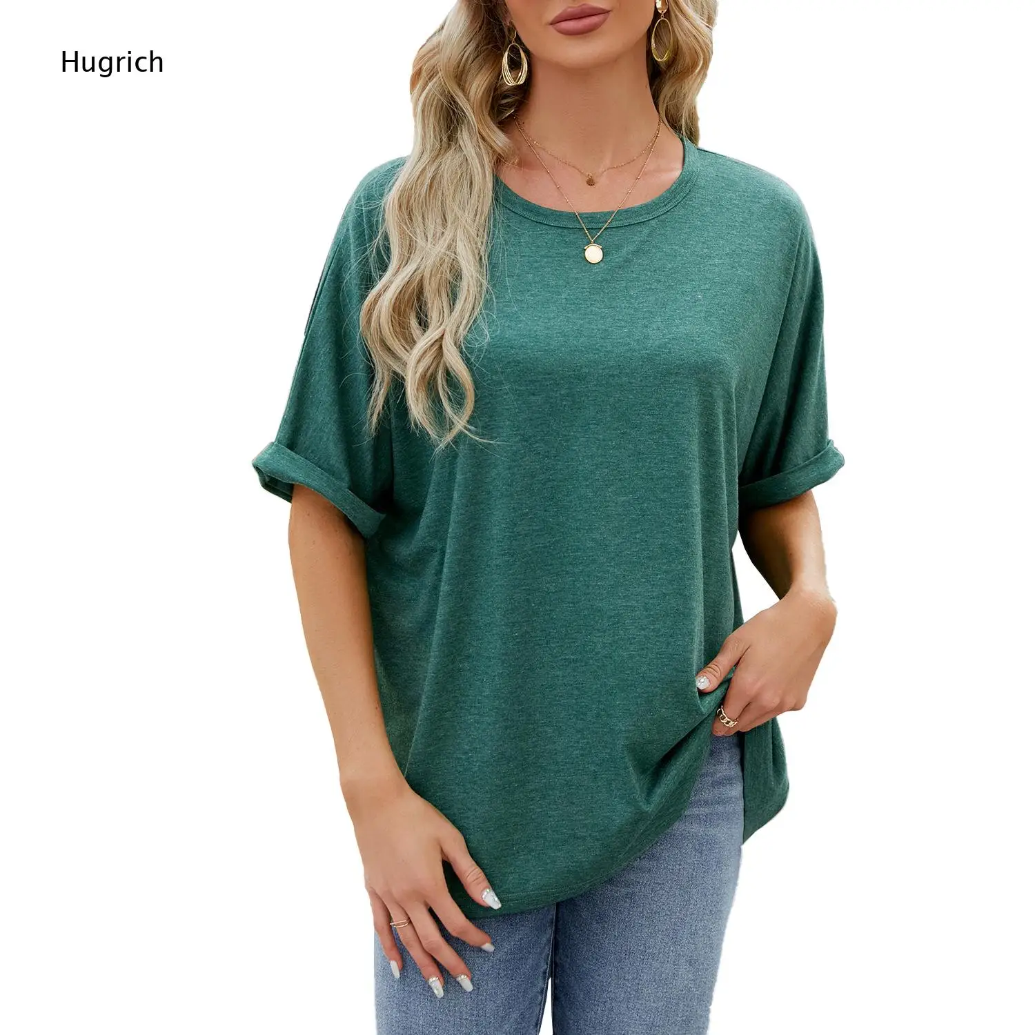 Heather Teal Oversized Dolman Short Sleeve Tee For Women Round Neck Rolled Cuff Loose Lightweight Daily Casual Shirt