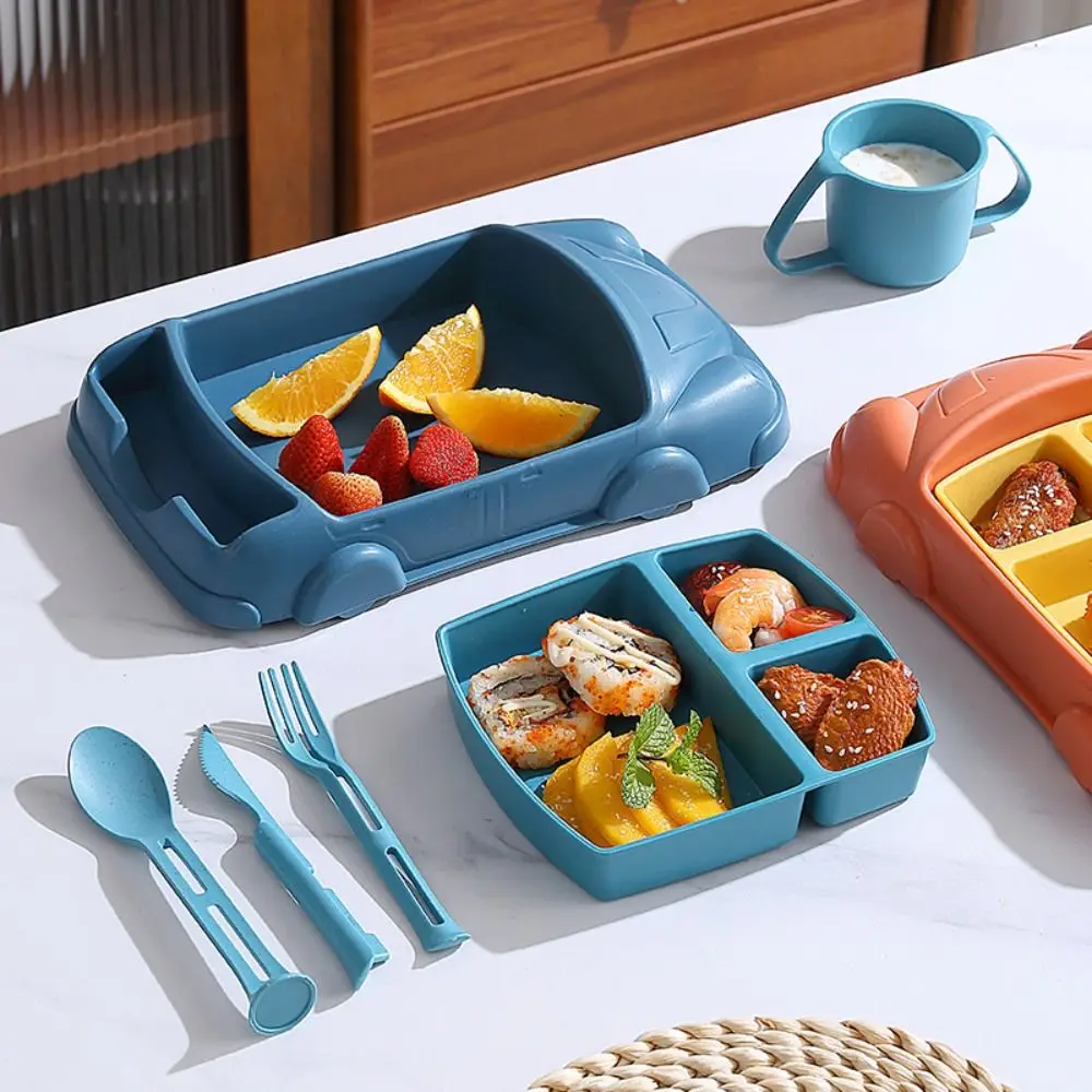 

Durable Creative Car Shaped Dinner Plate Detachable Cartoon Kid's Lunch Plate Wheat Straw with Cup Feeding Food Tray Household