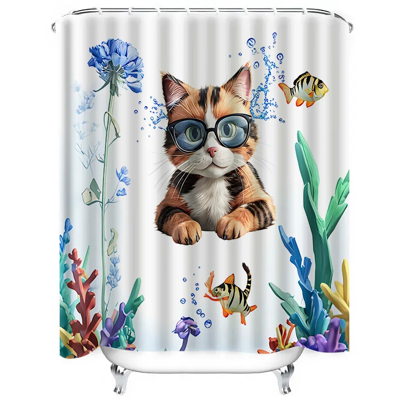 Underwater World Cute Cat Shower Curtain for Bathroom Decor - Creative and Fun Design Easy to Install and Maintain Easy-Clean