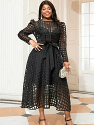 Plus Size Black Women Dresses O Neck Long Plaid See Through Sleeve High Waist A Line Sexy Transparent Cocktail Party Midi Gowns