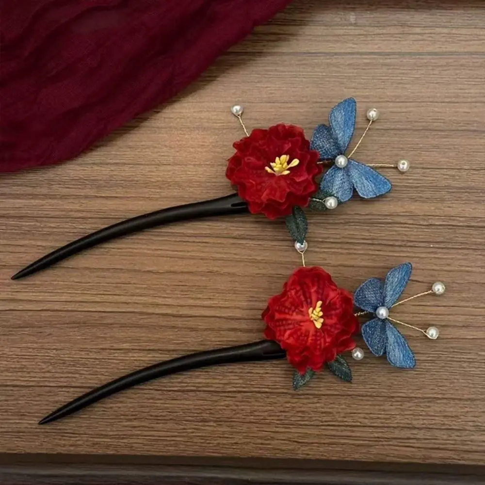 

Temperament Tassel Red Flower Hair Clip New Chinese Style Retro Wooden Hair Stick Antique Pearl Hanfu Hairpin for Women