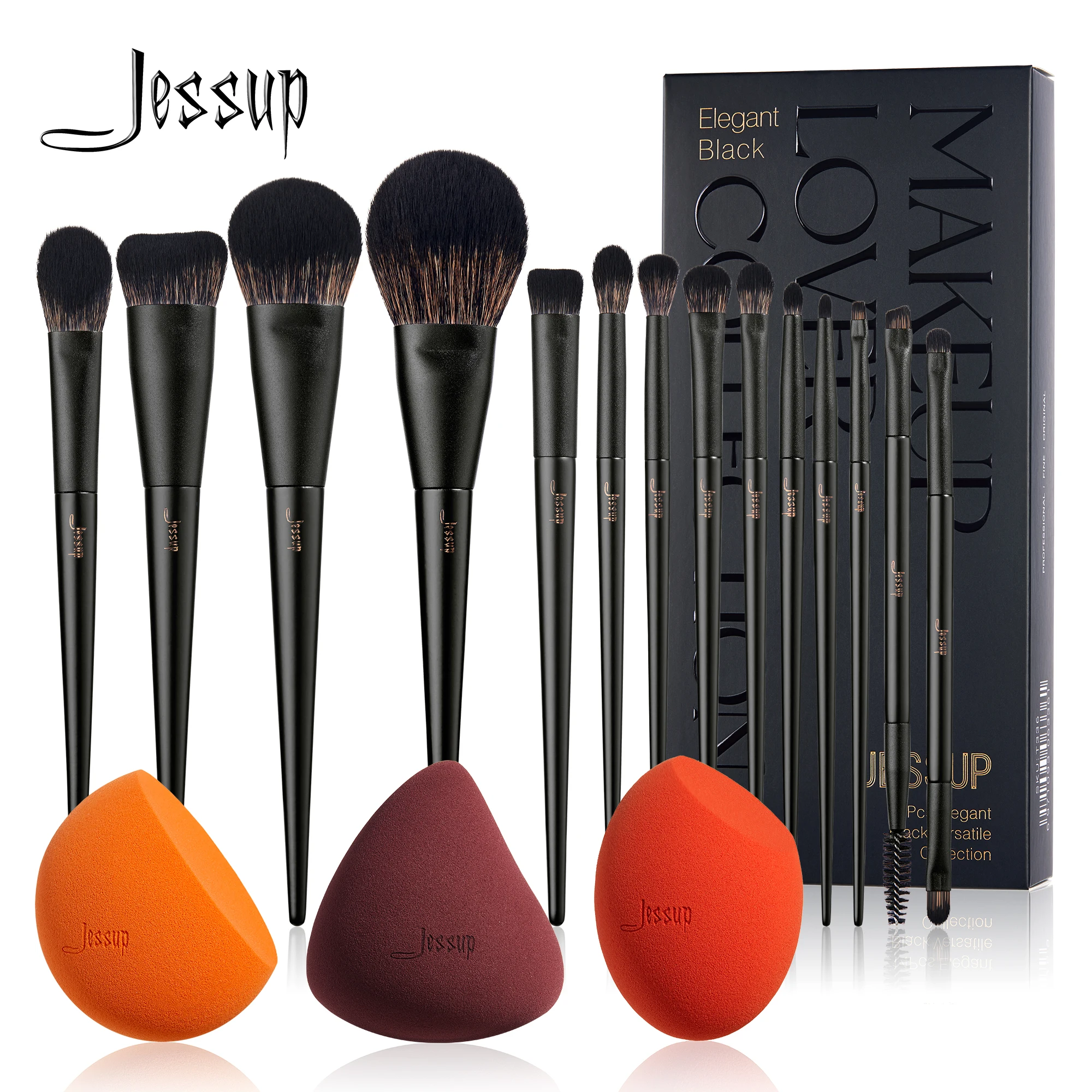 Jessup Black Makeup Brushes T336 with Makeup Sponges Set SP013