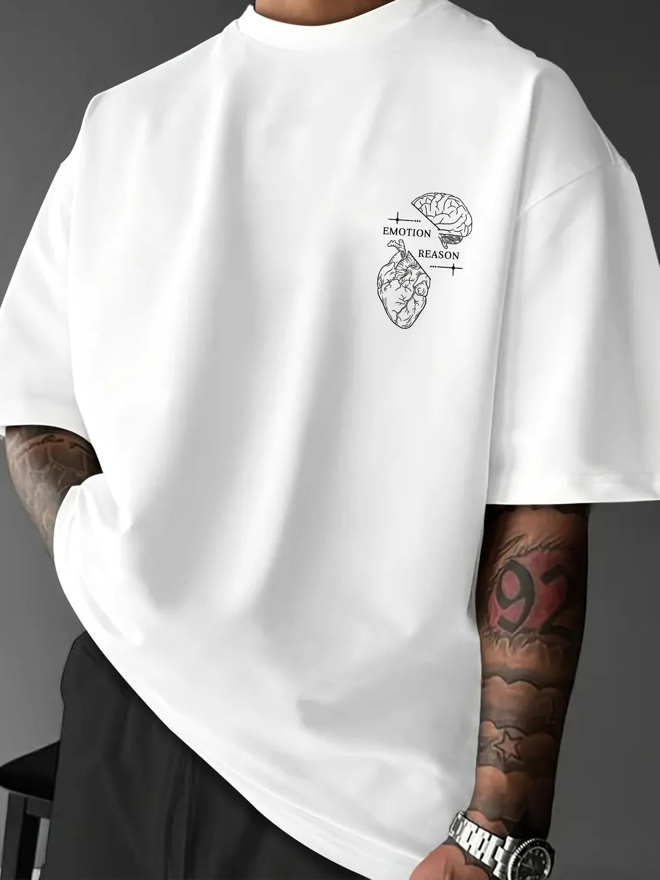 Men's Balance Reason & Emotion Print T-Shirt Brain Heart Graphic Streetwear Short Sleeve Tee