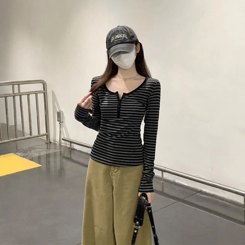 Unique Half Open Collar Button T-Shirt Women's Spring Autumn American BM Sexy Striped Long Sleeve Regular Shoulder Base Shirt