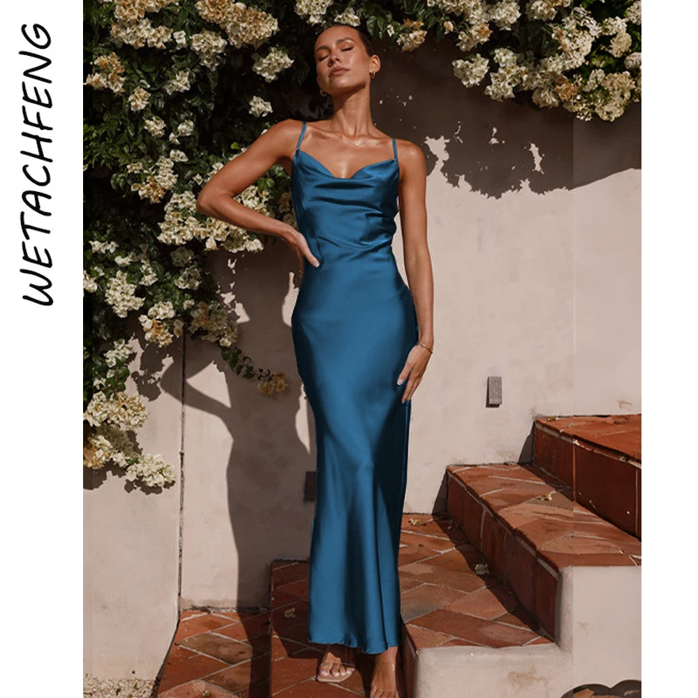 Slip Dress Summer Sexy Elegant Backless Satin V Neck Blue Long Dress 2024 Beach Party Evening Bridesmaid Dress Streetwear Robe