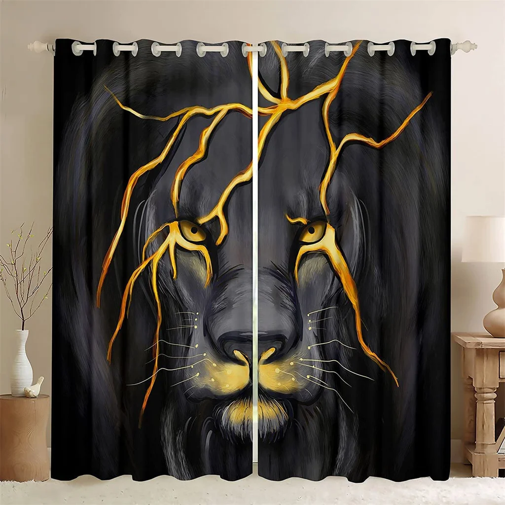 2 Pcs Royal Lion Theme Curtains Black White Gold Print Living Room Bedroom Study Sun Shade Curtains Modern Home Decoration