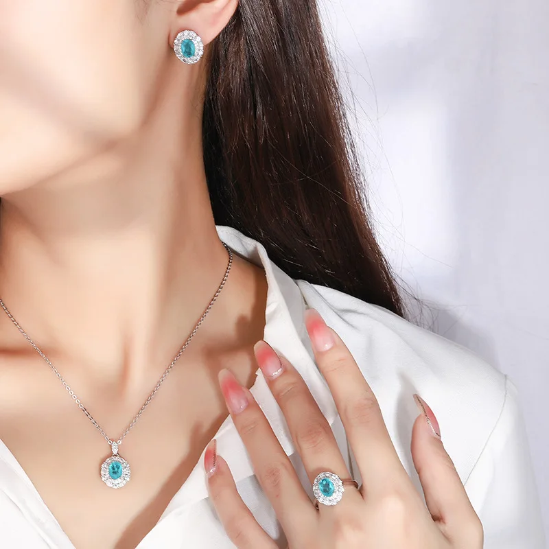 

Jewelry S925 silver plated PT950 inlaid jewelry Paraiba ring earrings pendant cultured gemstone set