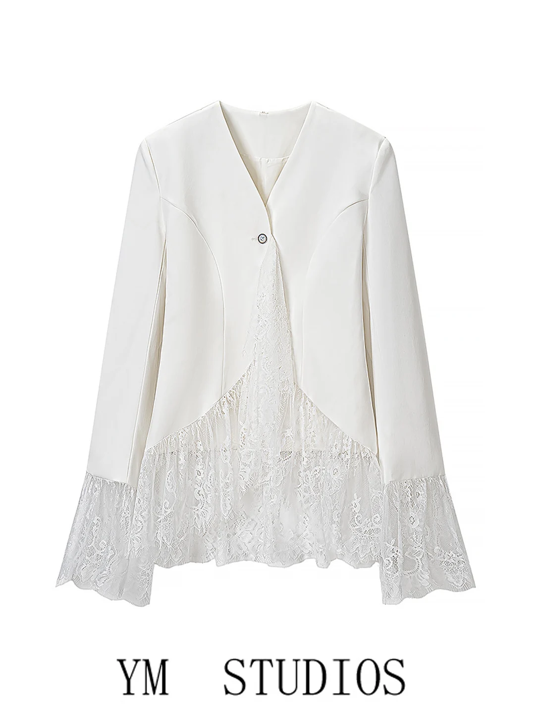White Lace Splice Women's Suit Jacket V-Neck Polyester Fiber Unique Design Fashionable Outerwear Female Fashion Premium