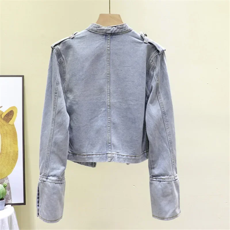 

Spring Autumn Women Stand Collar Double Breasted Denim Jacket Slim Short Jeans Jacket Black Long-sleeve Female Cardigan Coat
