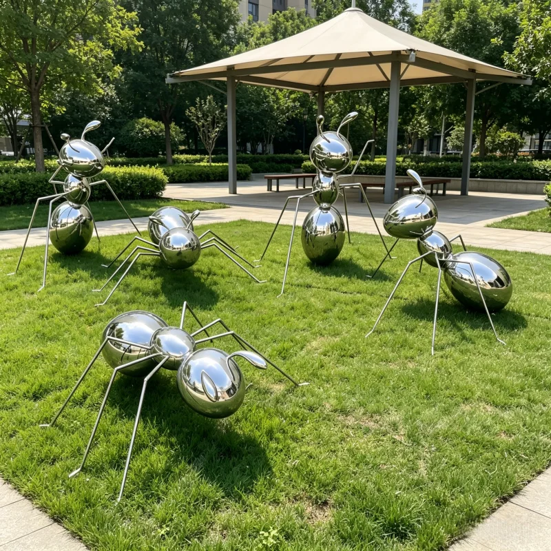 

Large Park Landscape Stainless Steel Ant Mirror Sculpture Outdoor Furnishing Artwork Metal Casting Garden Decor