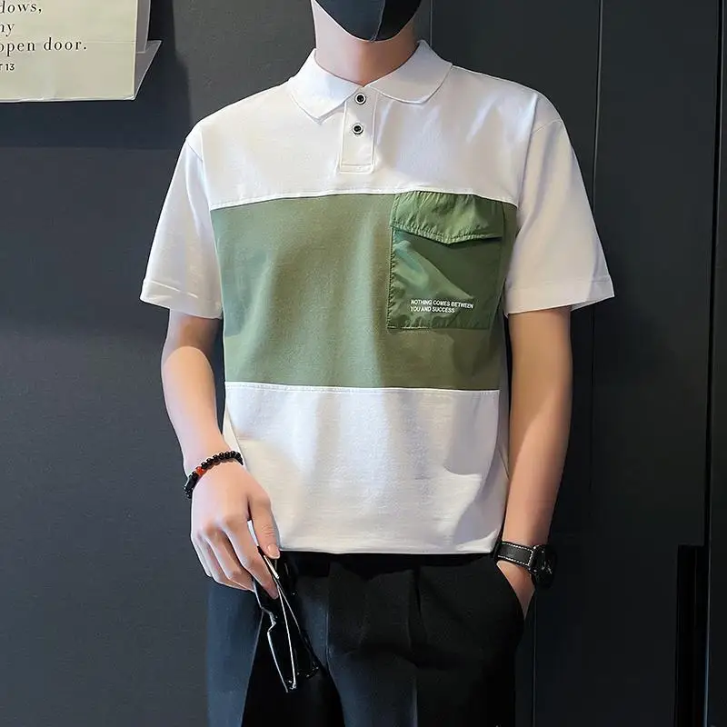 

Summer Patchwork Pockets T-shirts Business Casual Turn-down Collar Button Men's Clothing Fashion Contrasting Colors Polo Shirts