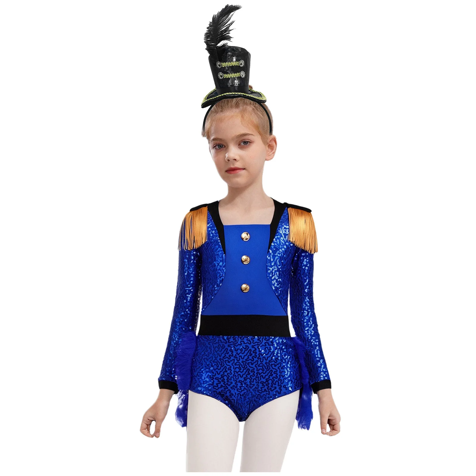 

Girls Halloween Drum Major Marching Band Costume Carnival Party Circus Ringmaster Jumpsuit Shiny Sequin Tassels Leotard Top Hat