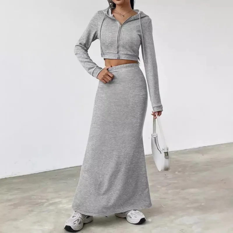

2025 New Women's Long Sleeve Hooded Zipper Sweatshirt with Bodycon Skirt Set Casual Women's Wear