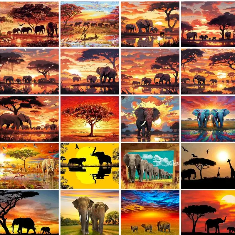 GATYZTORY Sunset Elephants Animals DIY Painting By Numbers Modern Wall Art Hand Painted Acrylic Picture For Home Decor 40x50cm