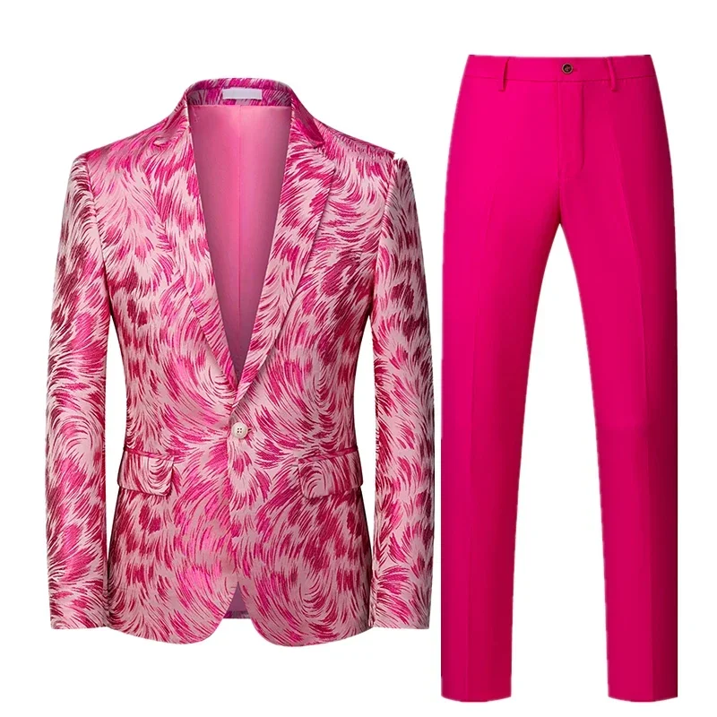 

Men's Rose Red Suit Two-piece Set, Asian Size Slim-fit Jacket with Pants, M-6XL, Pink Red Blue Purple Optional.