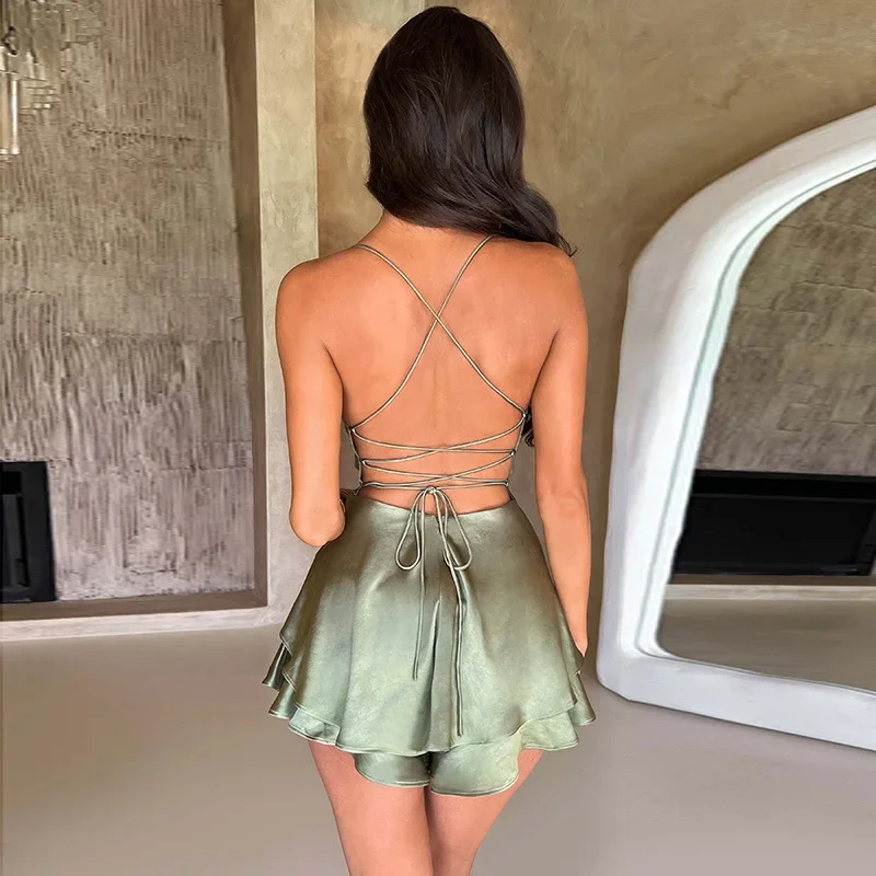 Summer New European and American Hot Style Sexy Slimming Backless Solid Color Suspender Dress Short Style Jumpsuit Women