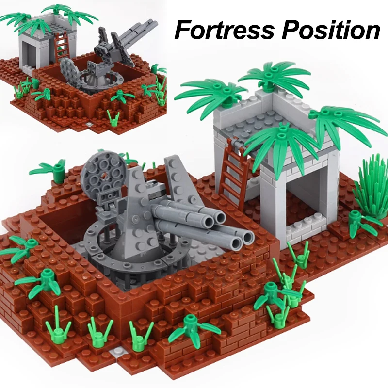 MOC Miliatry Army Battle Scene Cannon Fortress Position Watchtower Weapon Gun Tank Soldier Figures Tank Plant Bricks Toys Gifts