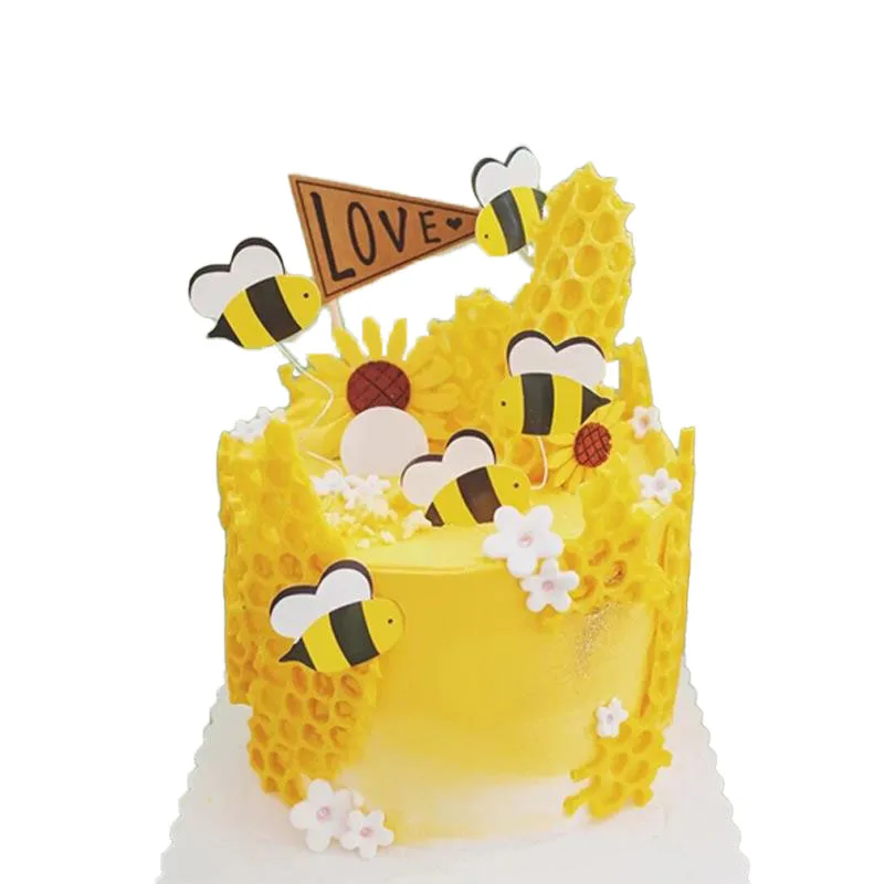 7pcs Bee Cake Toppers For Honey Bear Theme Party Decorations Baby Shower Kids Happy Birthday Party Supplies Cupcake Decors