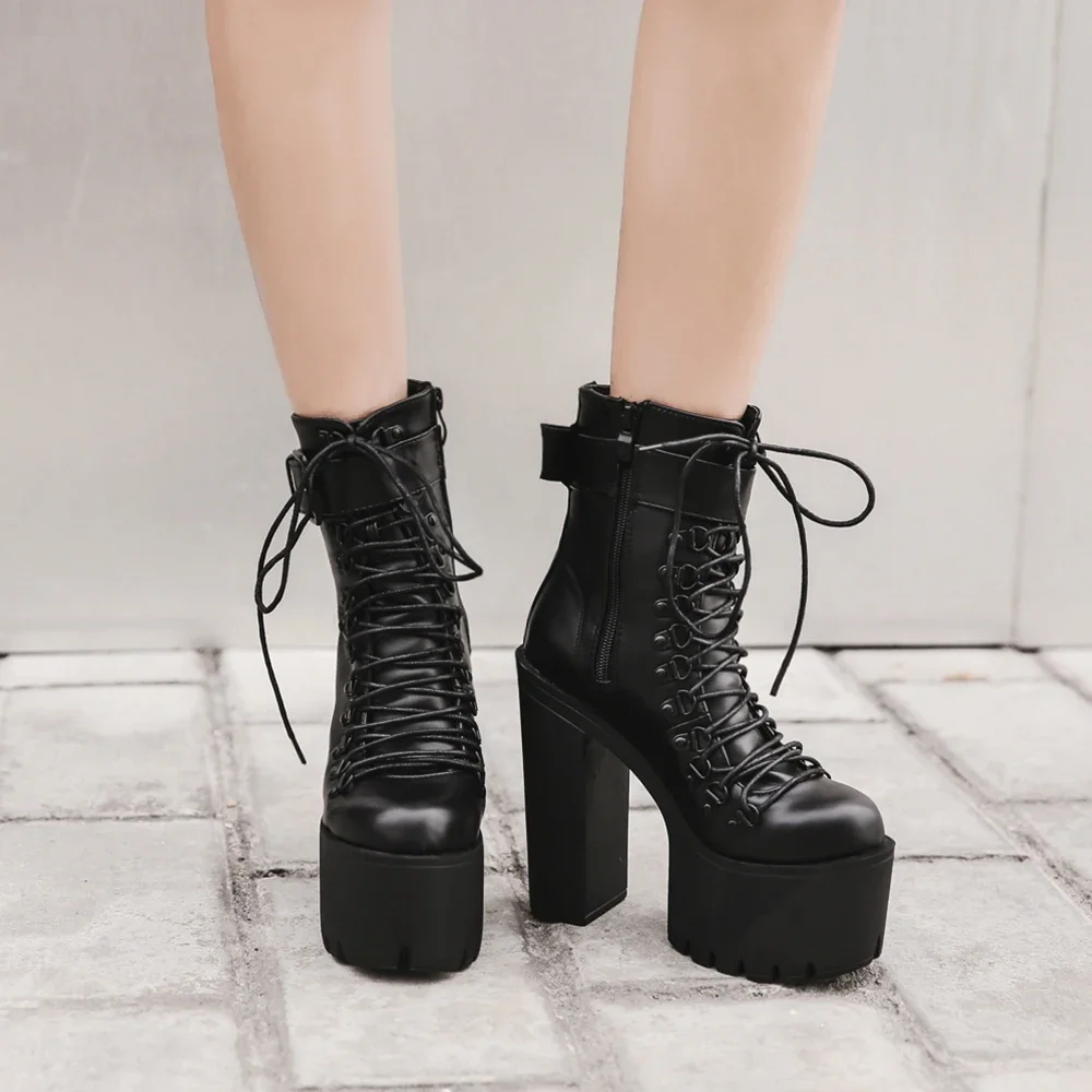 Women\'s Platform Chunky High Heel Ankle Boots Black Buckle Strap Lace Up Side Zipper Motorcycle Boots Punk Style Shoes