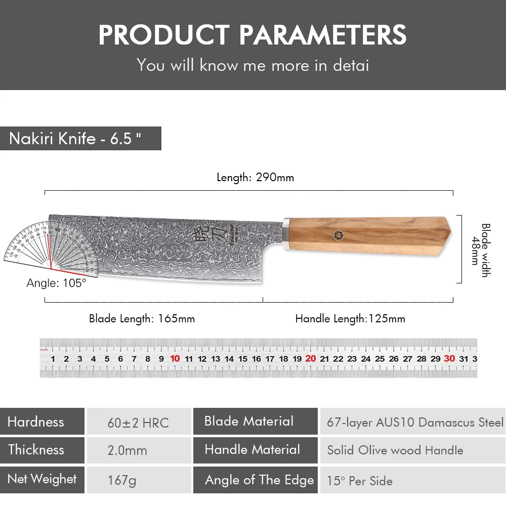 6.5-inch Japanese Nakiri Knife Damascus Steel Handmade Chef Knives Kitchen Slicing Vegetables Fruit Meat Cleaver Cooking Tools