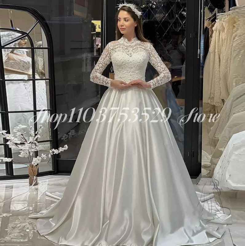 Elegant Lace Bridal Wedding Dress 2025 High Neck Satin Long Sleeve Lace Appliqué Mexico A-Line Wedding Dress hochzeitskleid