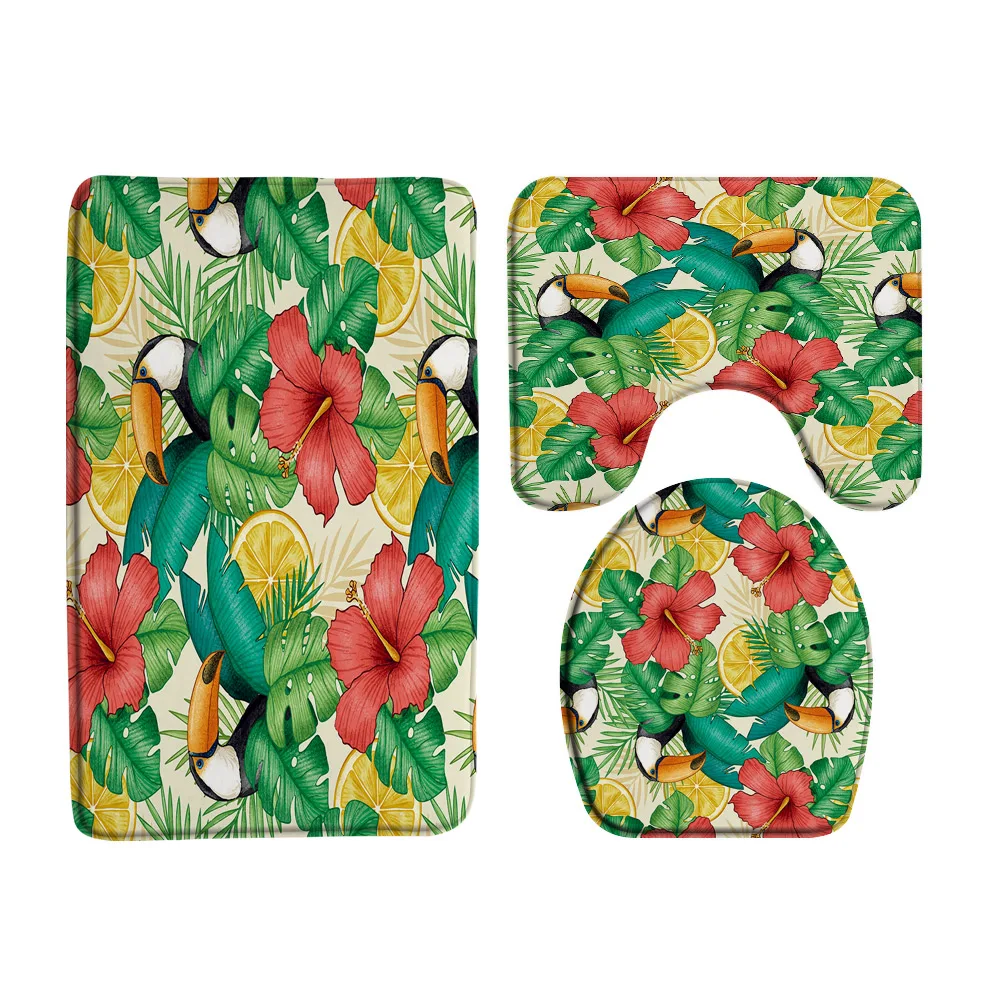 Tropical Bird Toucans Bath Mat Sets Jungle Parrot Palm Leaves Butterfly Bathroom Rugs Anti-Slip Flannel Toilet Lid Cover Carpet