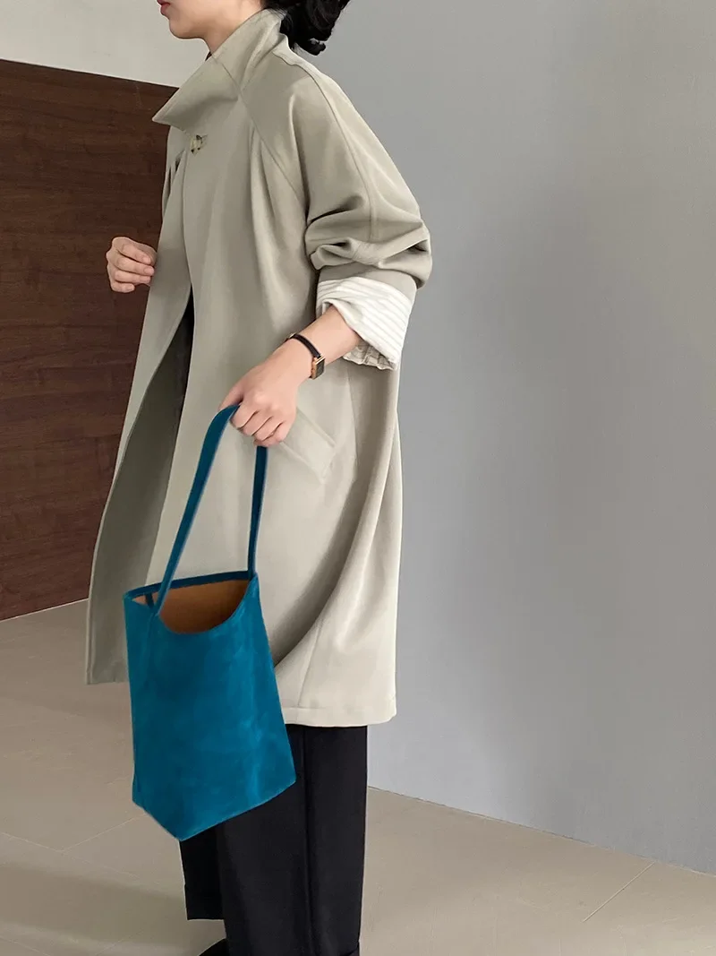 SuperAen Korean Style Vintage Solid Color Stand Collar Single Button Long Coat Autumn New Elegant Loose Waist Trench Coat