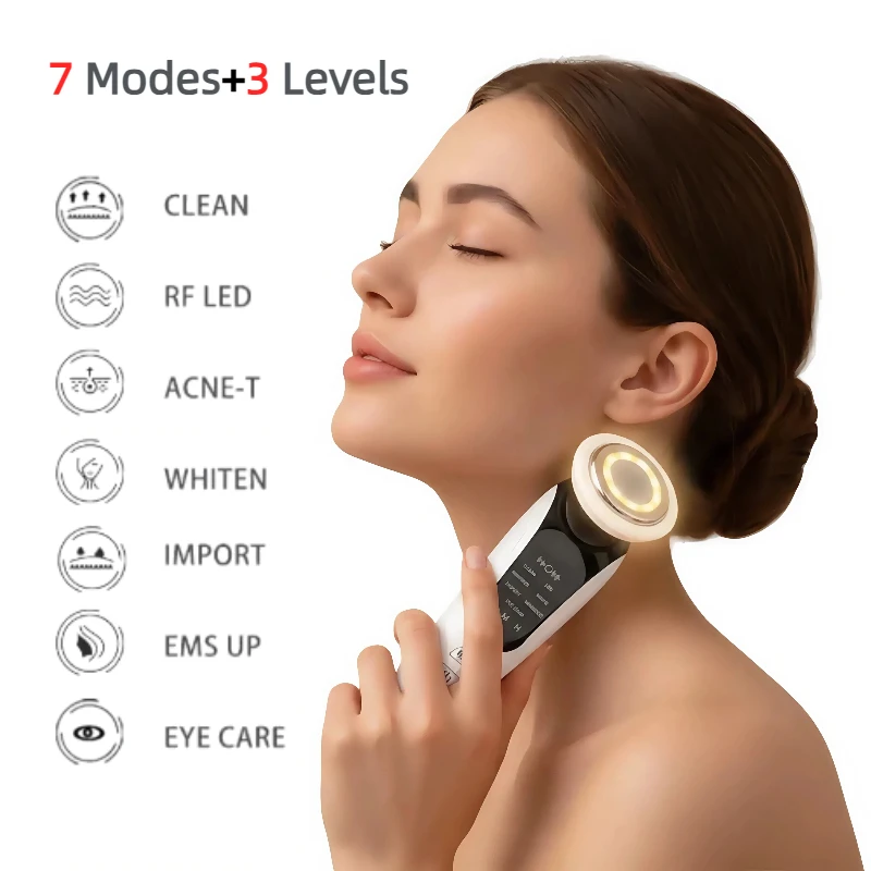 EMS Gezichtsmassager Gezichtsschoonheidsinstrument met geïnduceerde trillingen en warm kompres Gezichtsverzorgingstool 7-in-1 LED-lichttherapie