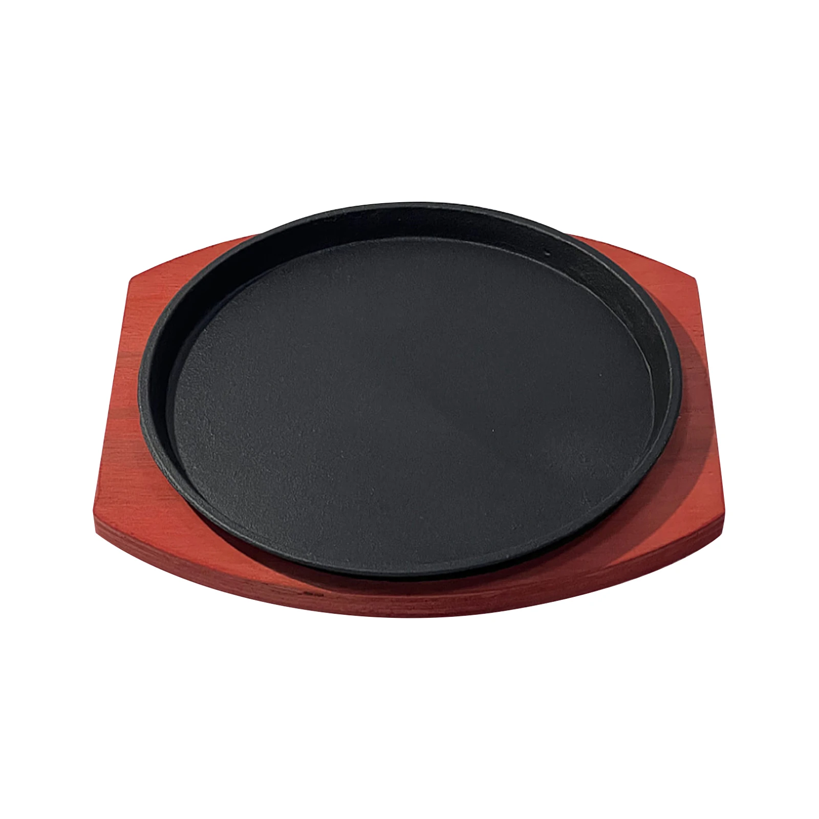 Cast Plate with Wooden Base Personal Size Round Sizzling Grilling Pan for Restaurant Serving Kitchen Household