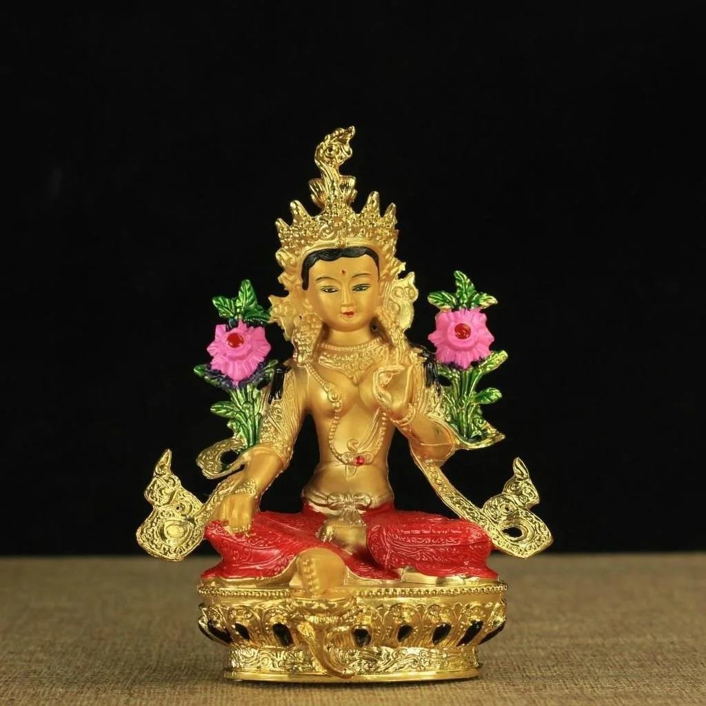 

Tibetan Buddhism Nepal craft 6 inch bronze gilt Painted Green Tara Buddha statue of Bodhisattva Avalokitesvara H14.8cm