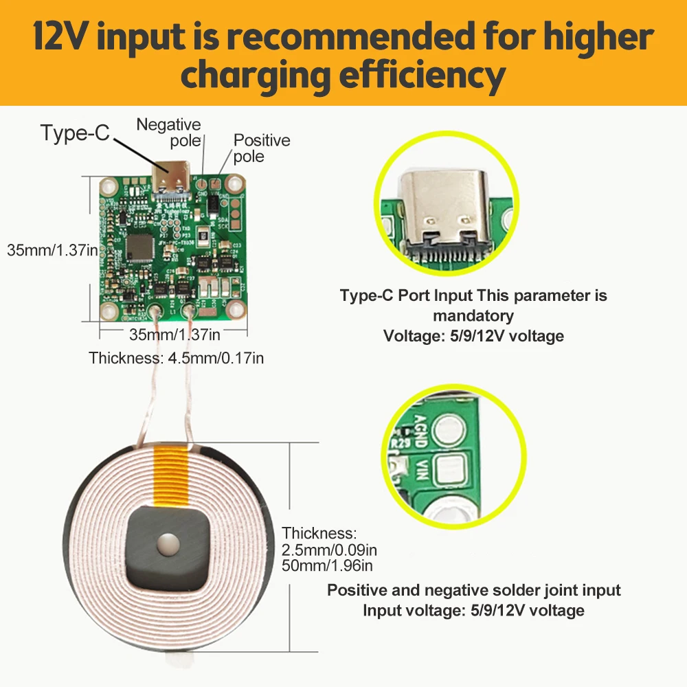 

22W 12V Type-C Wireless Charger Transmitter Module Circuit Board For QI Standard Fast Charging For Phone 12MM Long Distance