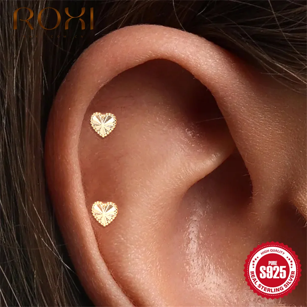 ROXI 1PC S925 Argent Forme Cœur Double Design Cartilage Piercing Ins Chic Boucle d'Oreille Quotidienne Fête