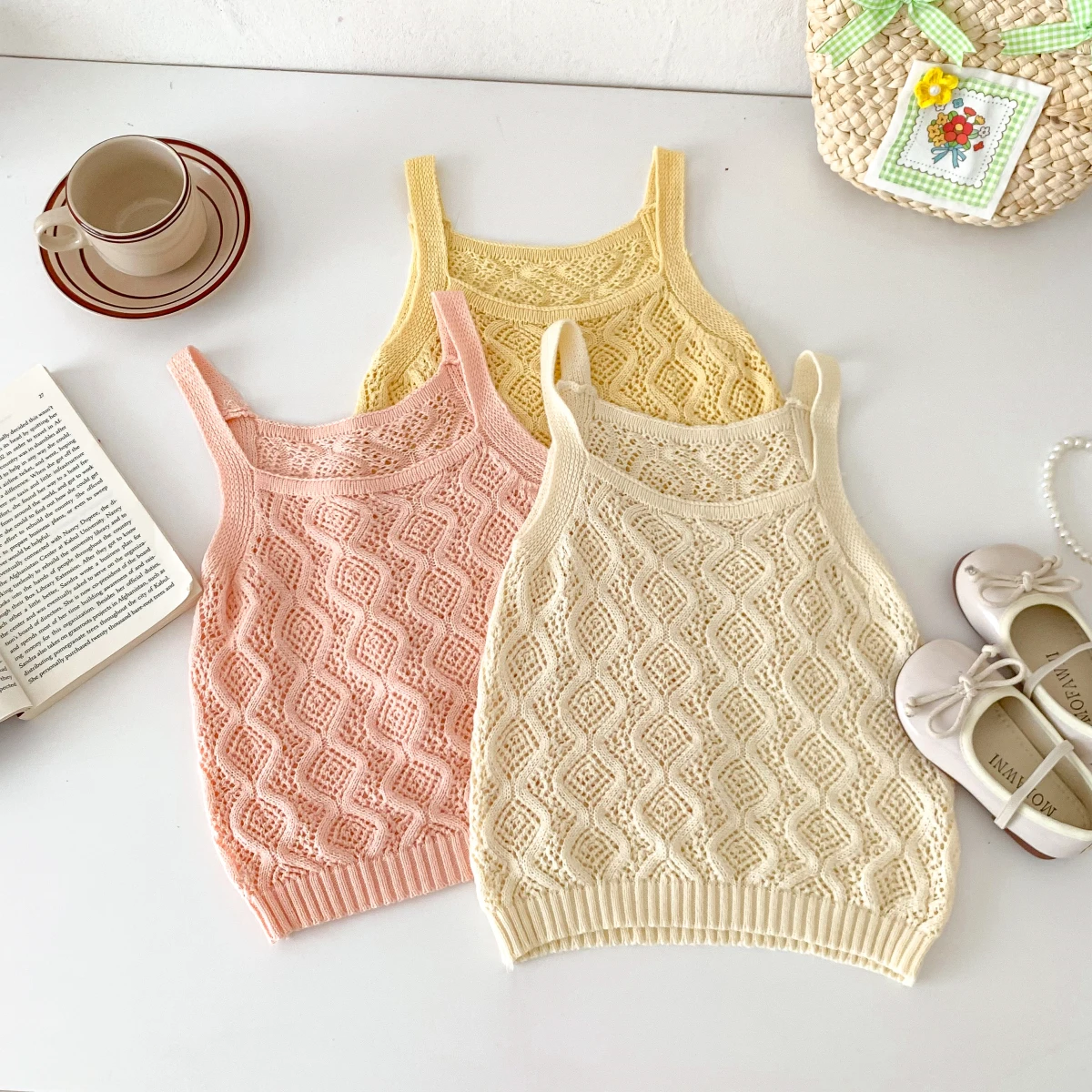 2023 Summer New In Kids Baby Girls Sleeveless Knitted Solid Color Hollow-out Top + Ruched Shorts Children Fasion Clothing Set