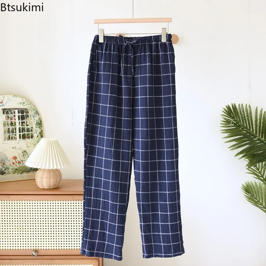 New 2026 Summer Men's Sleeper Pants 100% Cotton Crepe Pants Loose Thin Large Home Casual Checkered Home Pants Bottoms for Men