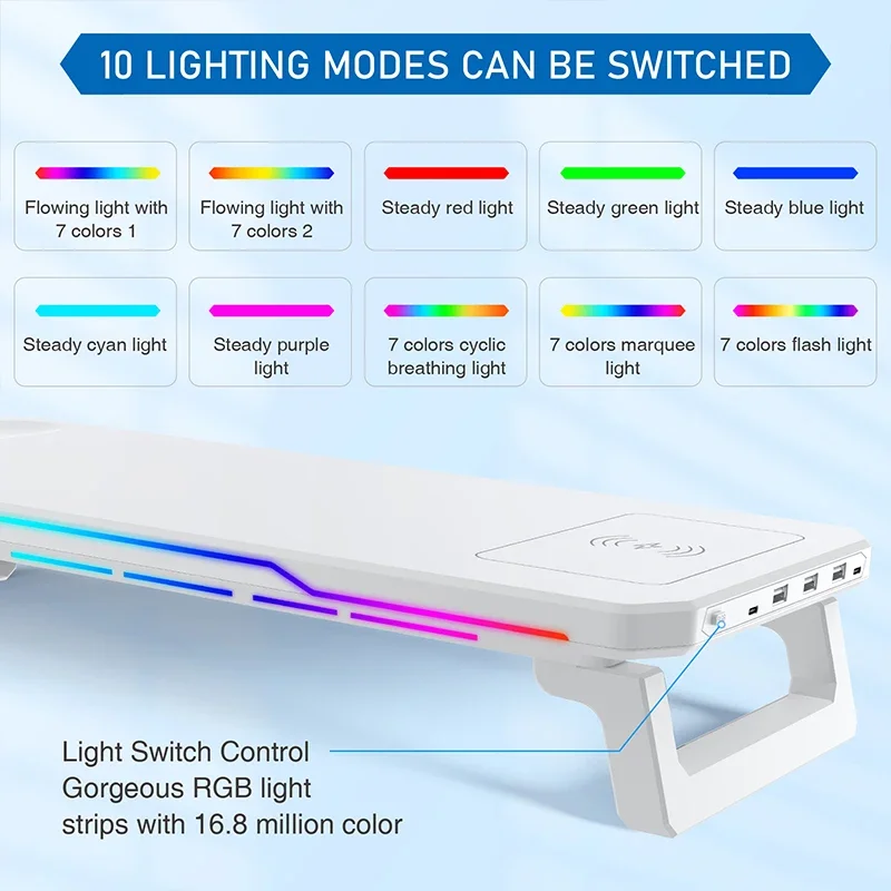 RGB Light Effect Rechargeable Desktop Monitor Height Stand 3 USB 2.0 Port Universal Laptop Storage Rack With Wireless Charging