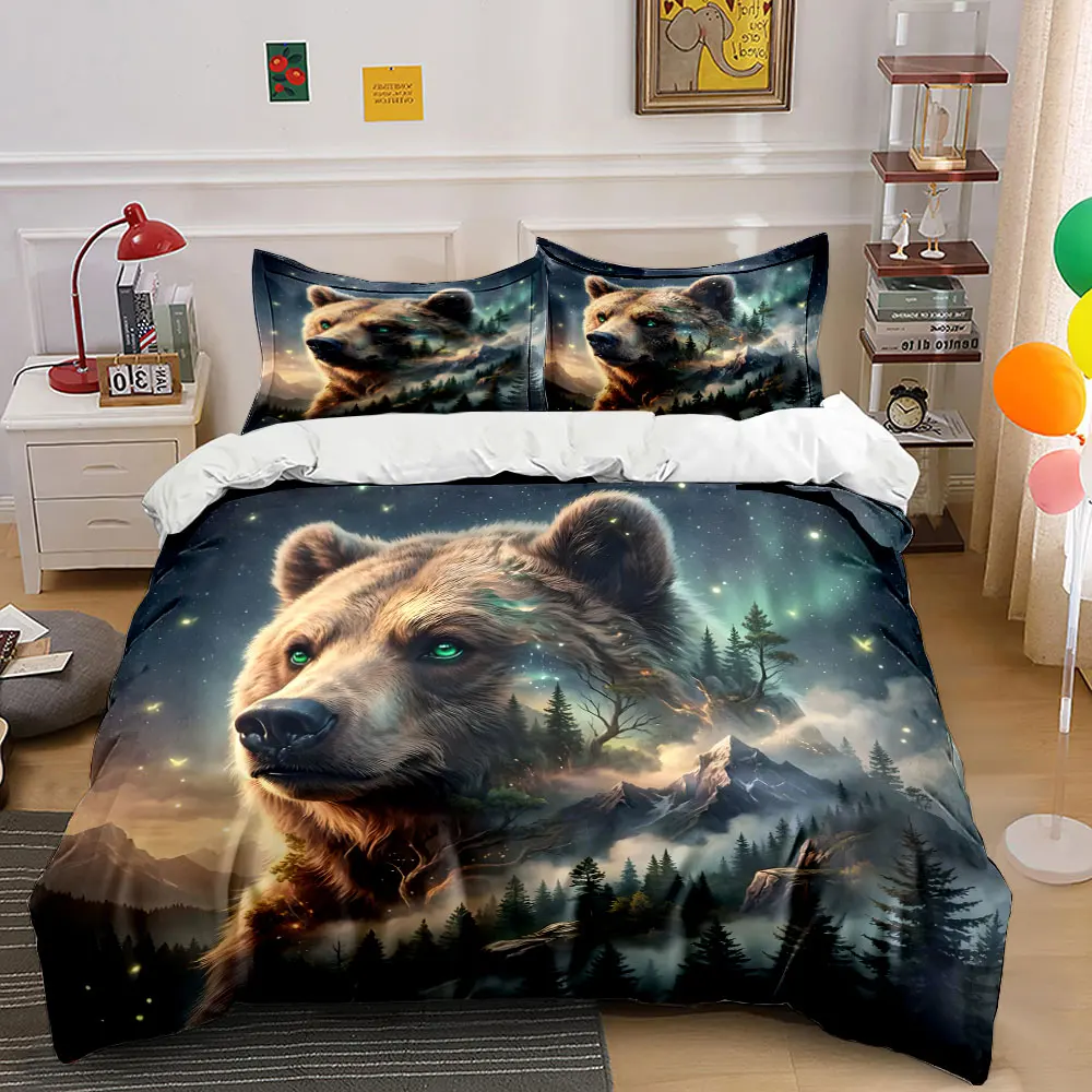 Mystical Fusion of Bear and Forest Printed Duvet Cover Set 1 Duvet Cover+2 Pillowcase Multi Size Bedroom Bedding Decoration