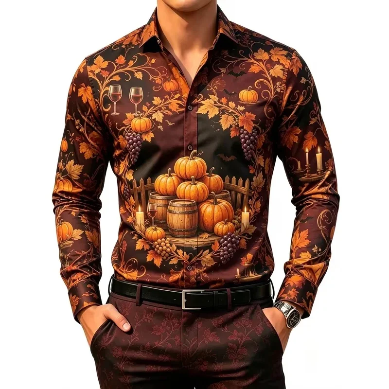 New Halloween Pumpkin Spider Web Bat Printed Long Sleeve Shirt Personalized Trendy Men's Casual Slim Fit Shirt