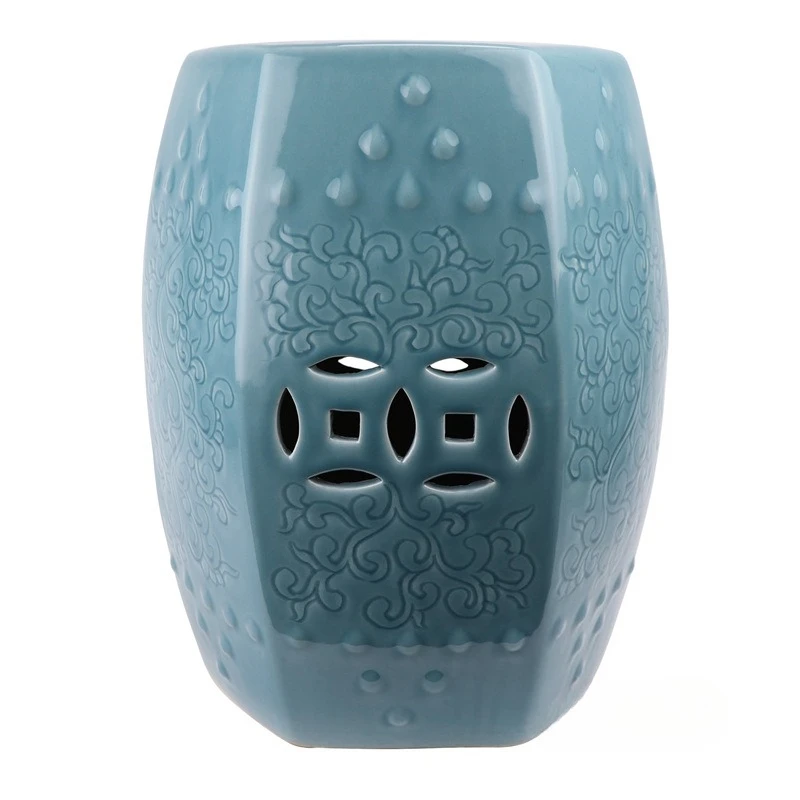 Chinese-style octagonal shadow blue carving twisted branches dressing stool cool pier stool ornament
