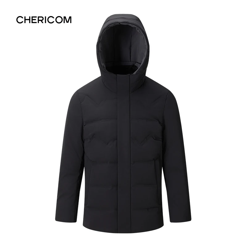 Chericom Short White Duck Down Hooded Business Down Jacket Men's Winter Multi-Pocket Thickened Warm Solid Color Coats 298655