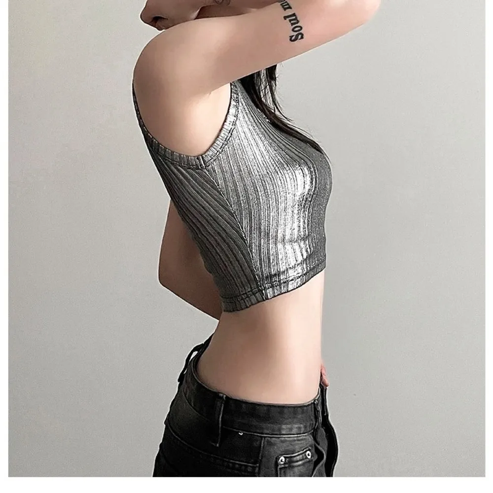 SylCue 하이 스트리트 크롭 탑 여성 여름 트렌드 반짝 이는 o 넥 민소매 스키니 스트레치 힙합 스타일 클래식 패션 의상