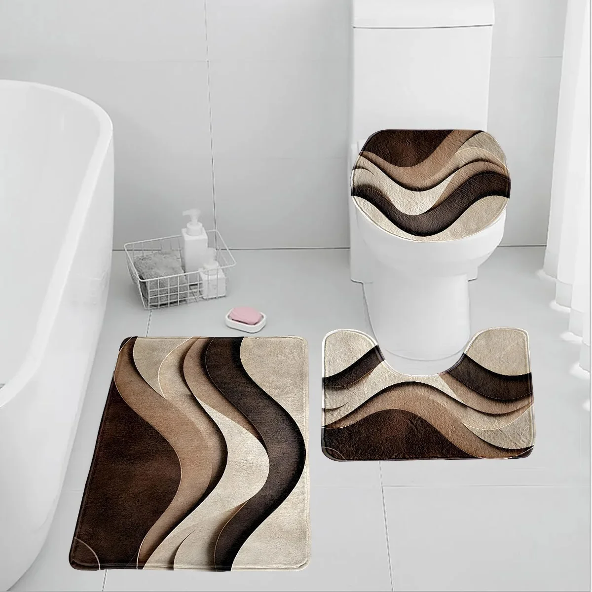 

A coffee colored wave pattern three piece set can be purchased individually or set together for bathroom carpets