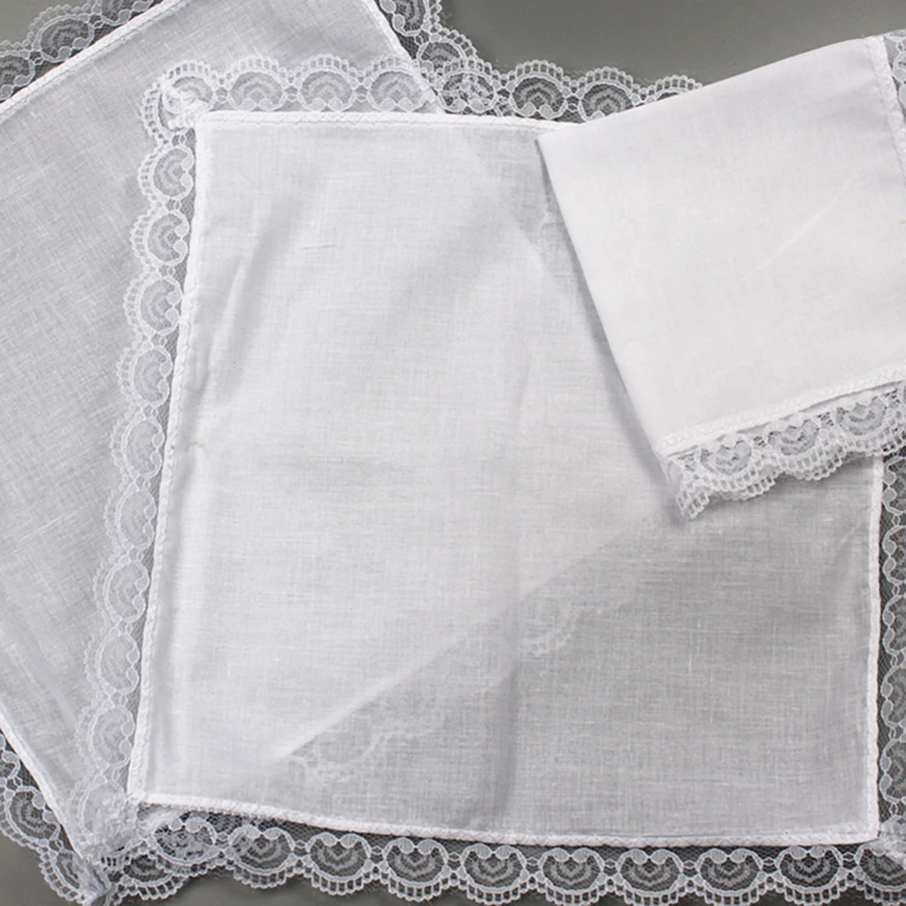 

Fashionable White Cotton Handkerchief Lace Trim Hankies Large Absorbent Pocket Square for Party Wedding Suit
