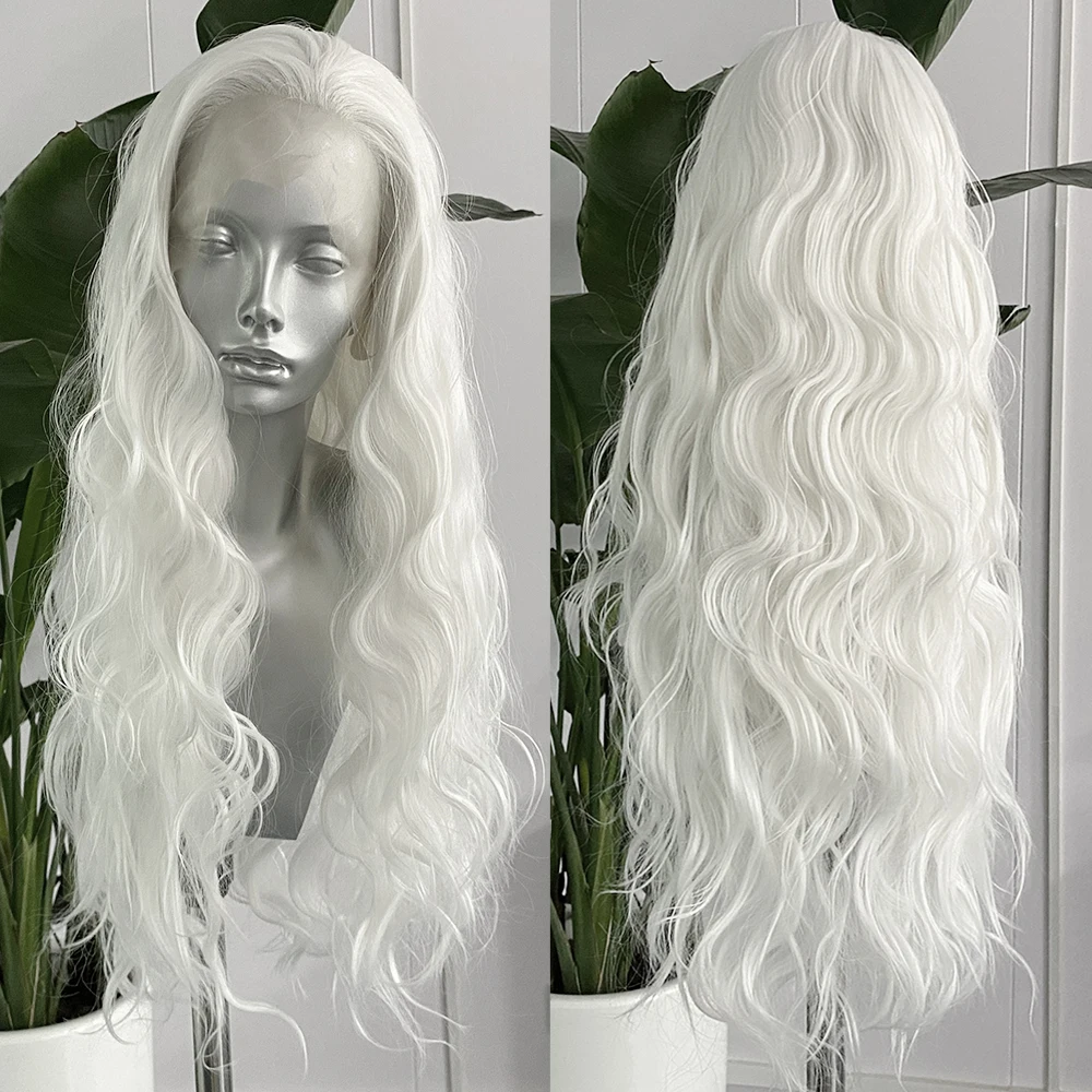 13x4 White Lace Wig Long Loose Curly Synthetic Lace Front Wig Natural Hairline Daily Wear Cosplay Wig Heat Resistant Fiber