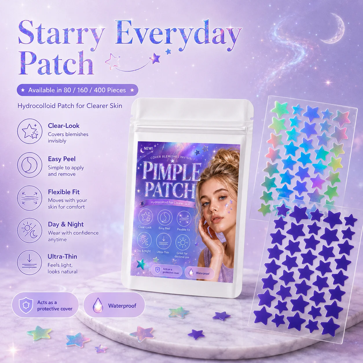 80/160/400pcs Iridescent Star-Shaped Pimple Patches, Hydrocolloid, Clear-Look, Flexible Fit for Day & Night Styling