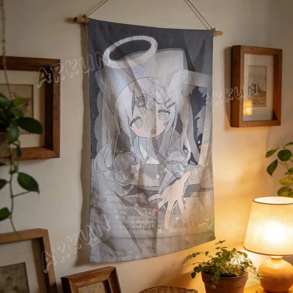 Pretty Kawaii Halo Angel Anime Maiden Wall Hanging Tapestry Cute Pale White Hair Cat Ear Girl Soft Cool Tone Art Home Decor