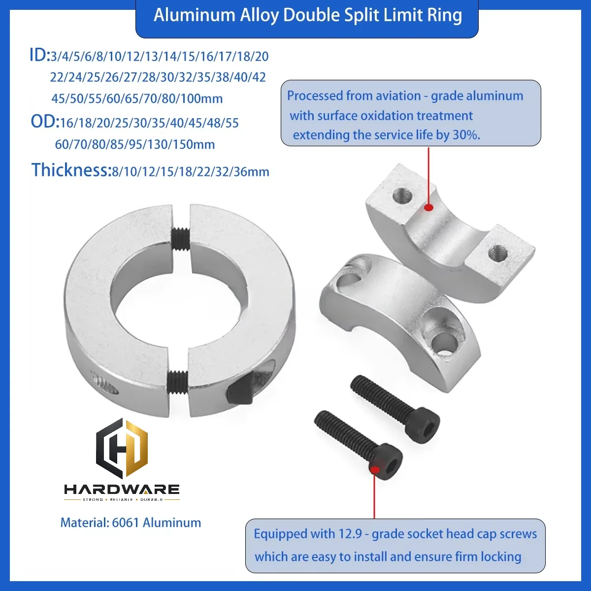 3-100mm Diameter Shaft Collar Aluminum Alloy Clamp-type Collar With Screws Double Split Fixed Locking Limit Ring 1pcs